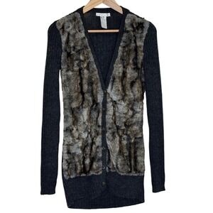 Design History XS Slim Fit Knit Cardigan Faux Fur Front Button Front Longline
